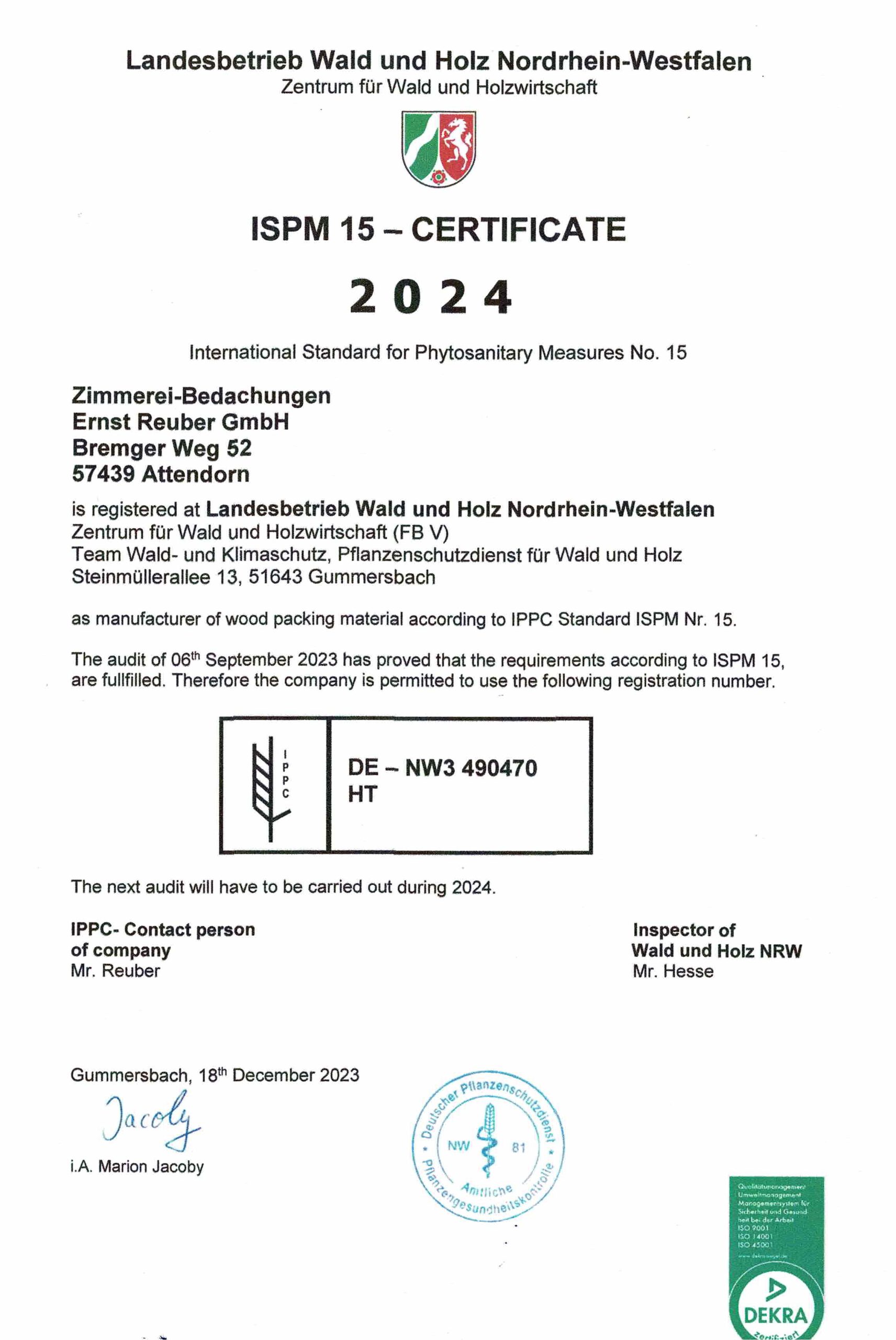 ISPM 15-Zertifikat 2024
